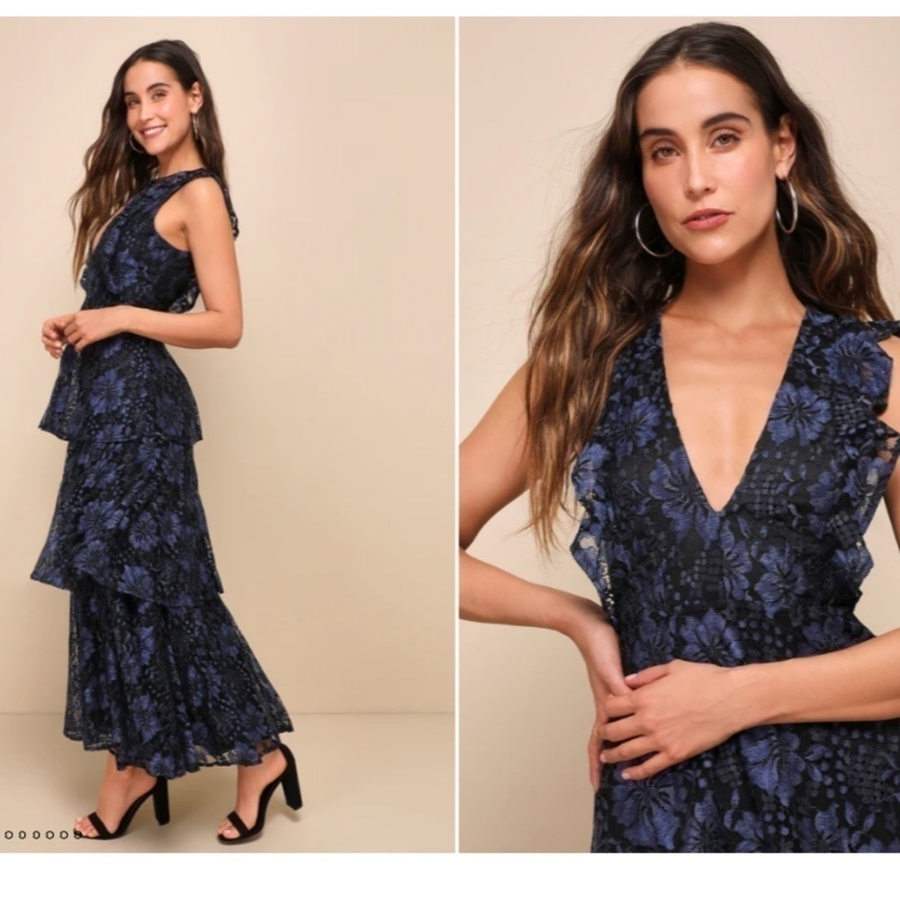 LULU's Prom Wedding Bridesmaid Tiered Lace Floral Ruffles Maxi